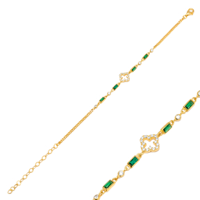 Baguette Emerald CZ Chain Clover Design Silver Charm Bracelet