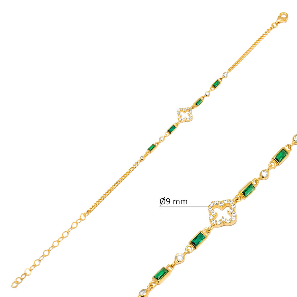 Baguette Emerald CZ Chain Clover Design Silver Charm Bracelet