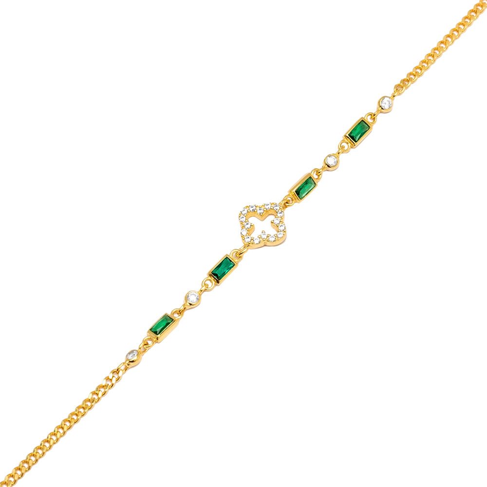 Baguette Emerald CZ Chain Clover Design Silver Charm Bracelet