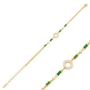 Round Design Baguette Emerald CZ Chain Silver Charm Bracelet