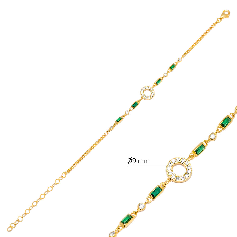 Round Design Baguette Emerald CZ Chain Silver Charm Bracelet