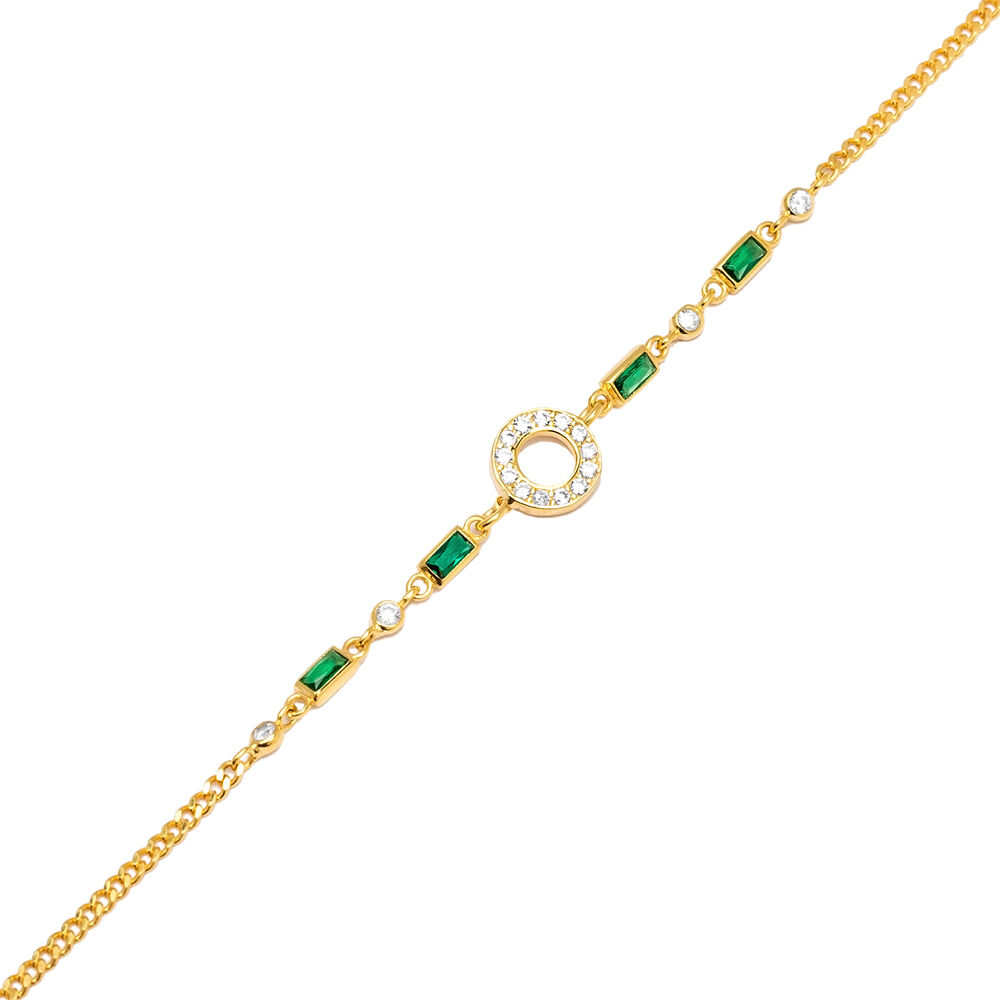 Round Design Baguette Emerald CZ Chain Silver Charm Bracelet