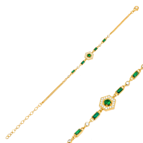 Geometric Baguette Emerald CZ Chain Silver Charm Bracelet