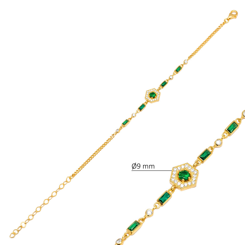 Geometric Baguette Emerald CZ Chain Silver Charm Bracelet