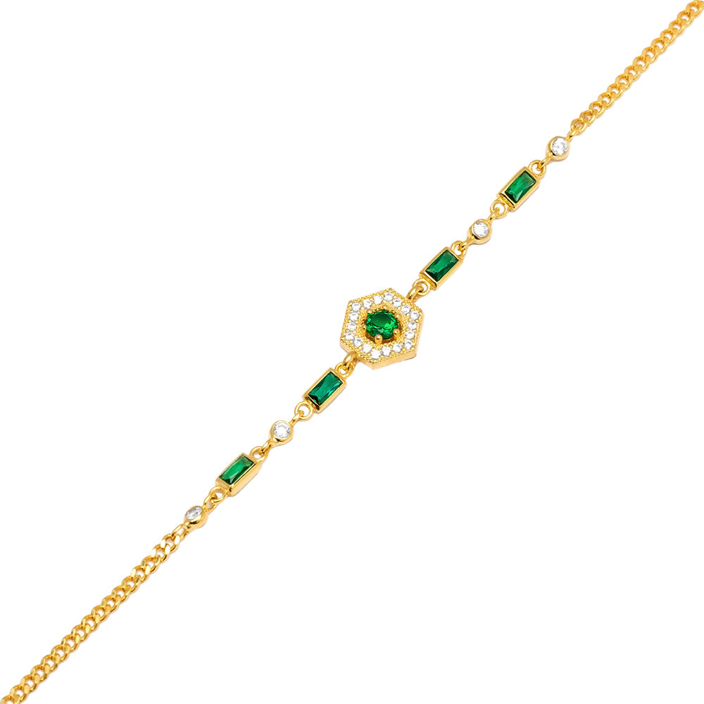 Geometric Baguette Emerald CZ Chain Silver Charm Bracelet