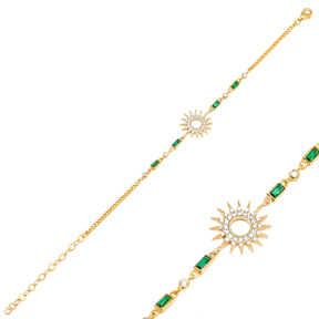 Sun Design Baguette Emerald CZ Chain Silver Charm Bracelet