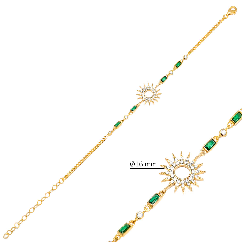 Sun Design Baguette Emerald CZ Chain Silver Charm Bracelet