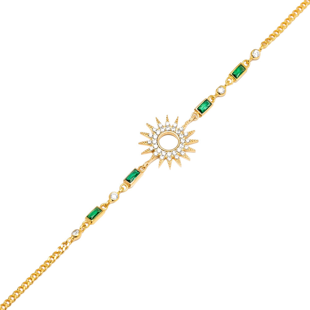 Sun Design Baguette Emerald CZ Chain Silver Charm Bracelet