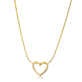 Snake Chain Hollow Heart Design Plain Silver Charm Necklace
