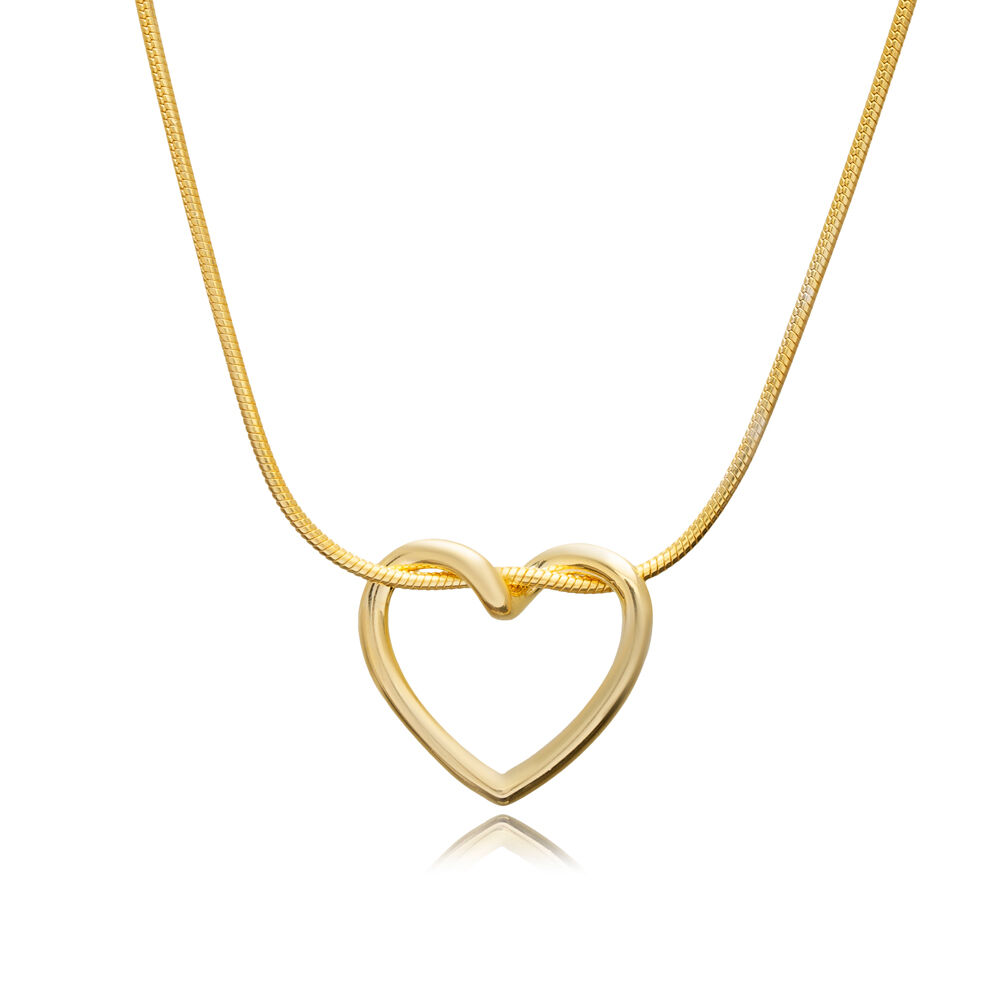 Snake Chain Hollow Heart Design Plain Silver Charm Necklace