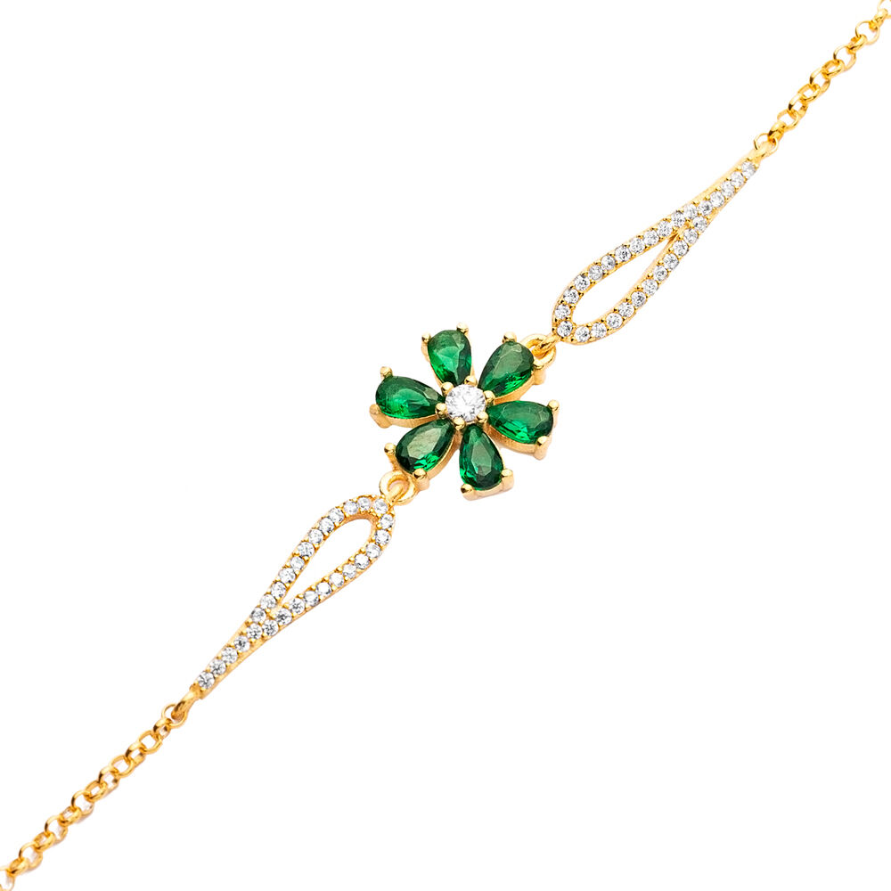 Emerald CZ Stone Flower Design Silver Wholesale Charm Bracelet