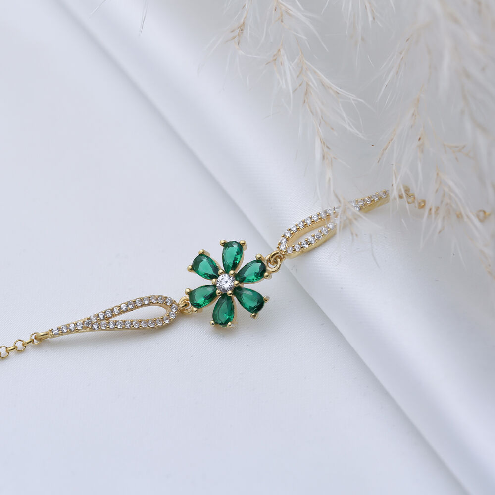 Emerald CZ Stone Flower Design Silver Wholesale Charm Bracelet