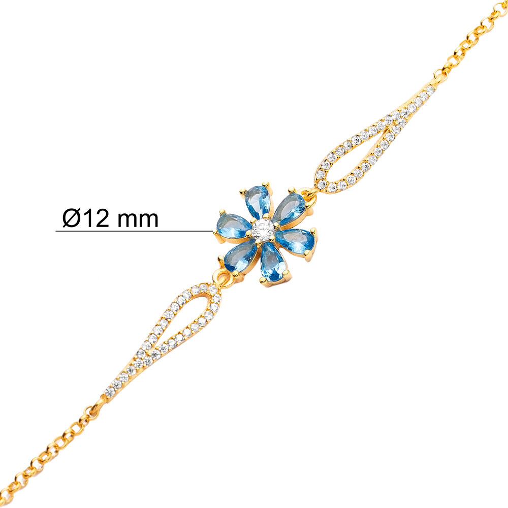 Aquamarine CZ Stone Flower Design Silver Wholesale Charm Bracelet