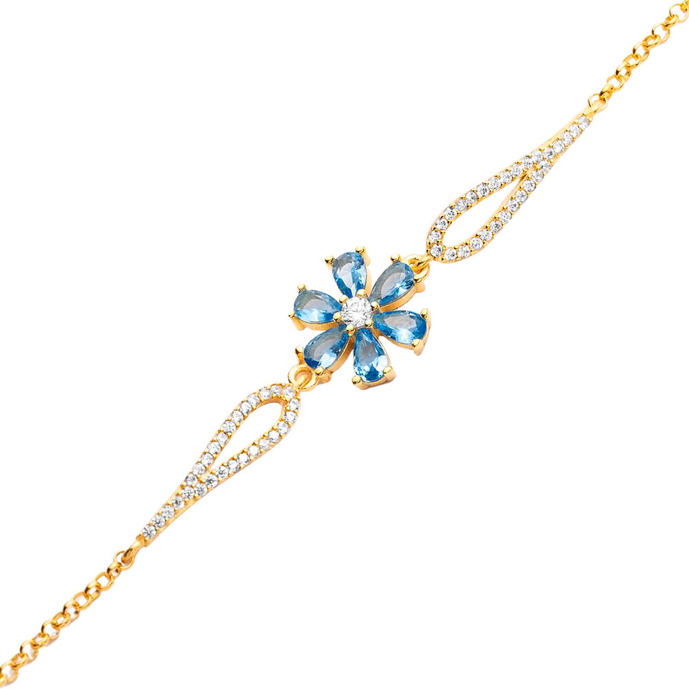 Aquamarine CZ Stone Flower Design Silver Wholesale Charm Bracelet