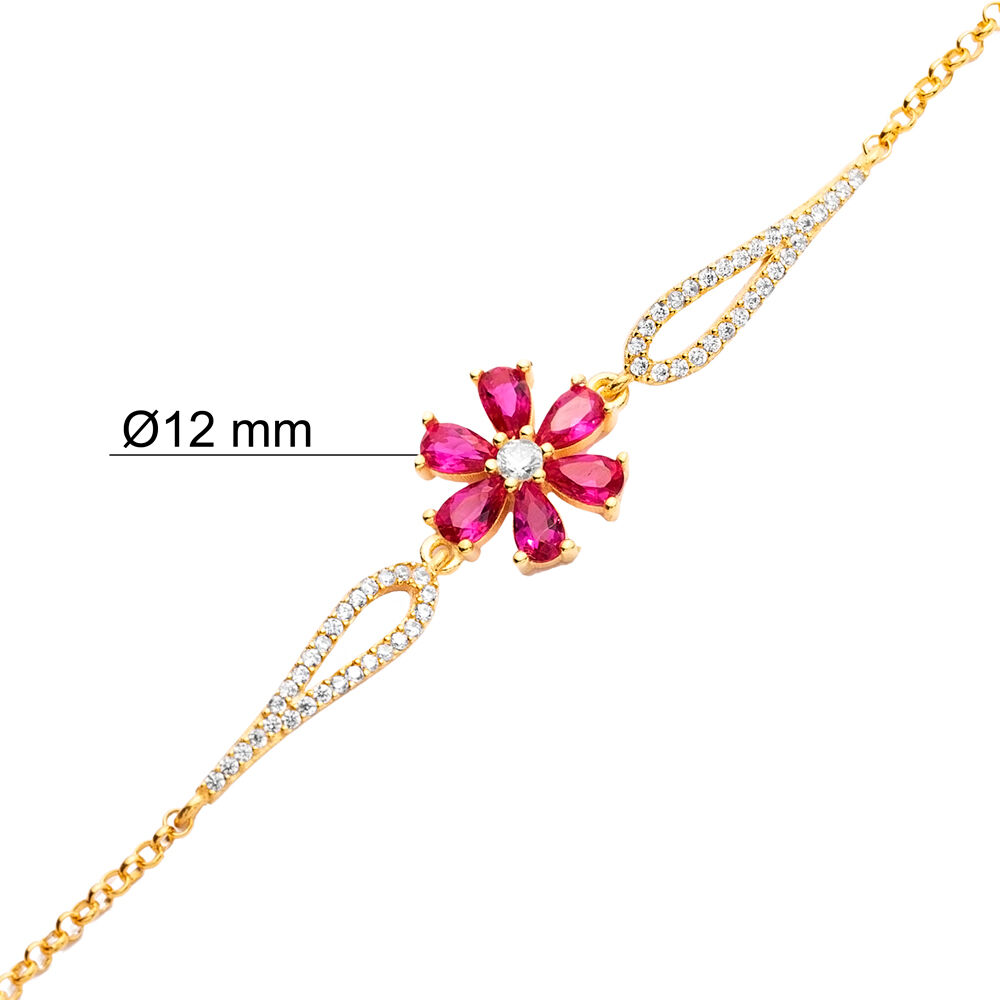 Ruby CZ Stone Flower Design Silver Wholesale Charm Bracelet