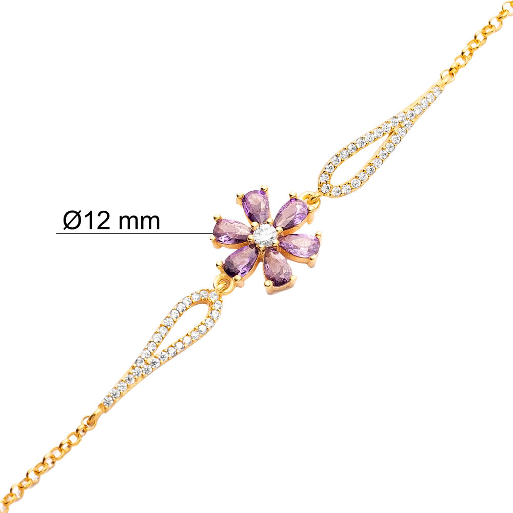 Amethyst CZ Stone Flower Design Silver Wholesale Charm Bracelet