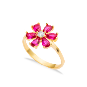 Ruby CZ Stone Flower Design Silver Wholesale Cluster Ring