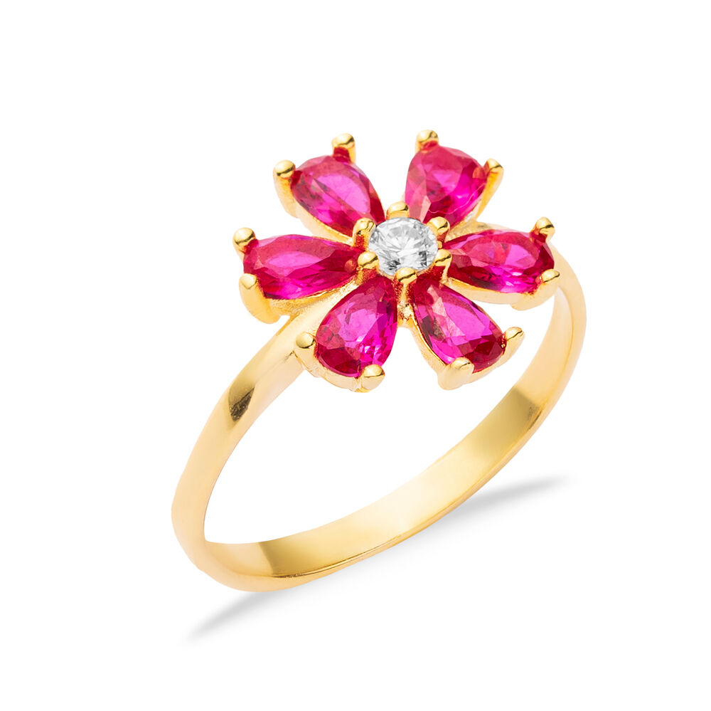 Ruby CZ Stone Flower Design Silver Wholesale Cluster Ring