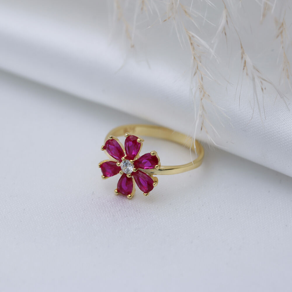 Ruby CZ Stone Flower Design Silver Wholesale Cluster Ring