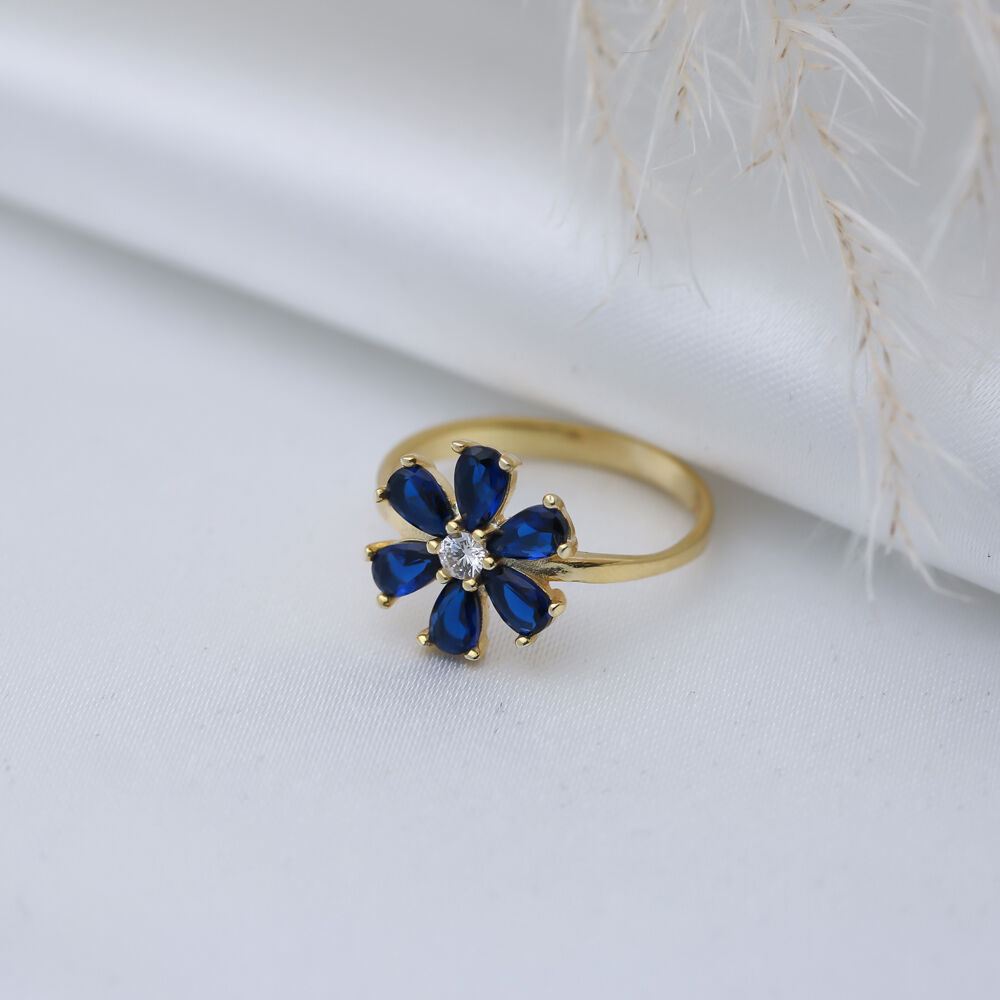 Sapphire CZ Stone Flower Design Silver Wholesale Cluster Ring