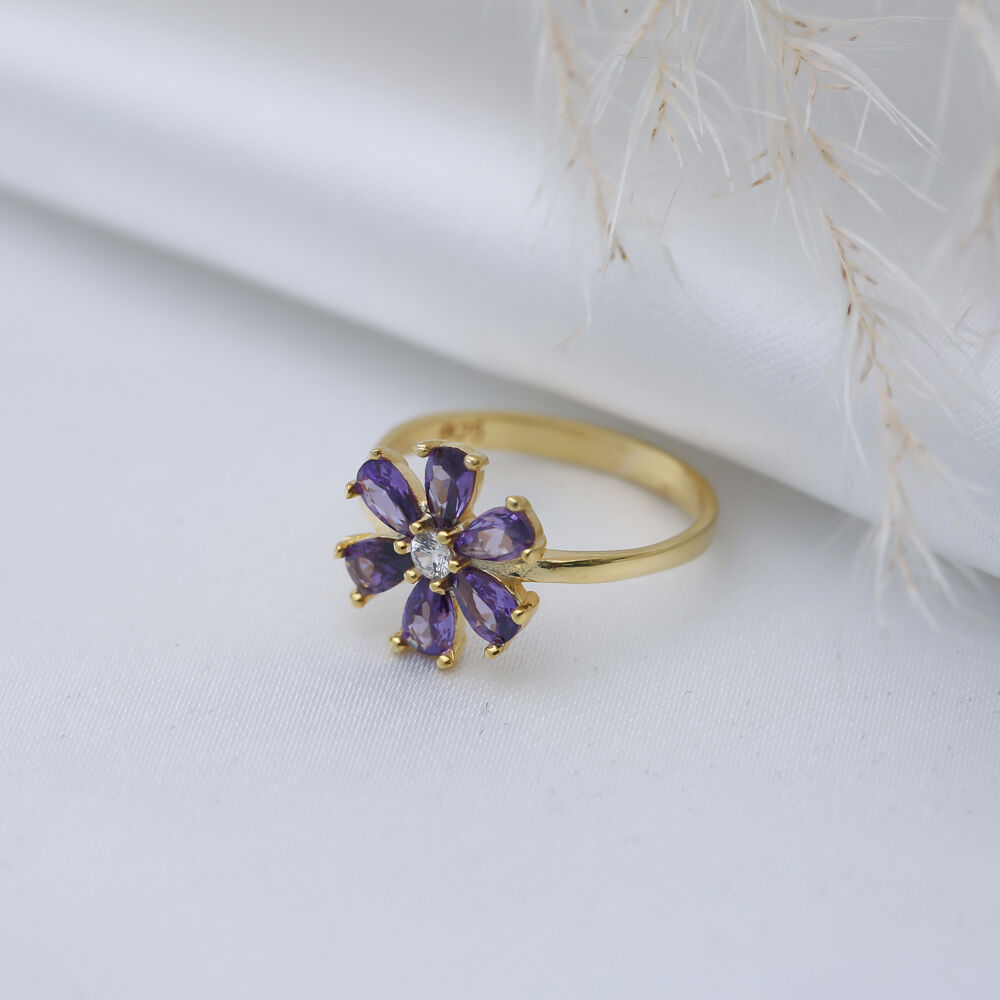 Amethyst CZ Stone Flower Design Silver Wholesale Cluster Ring