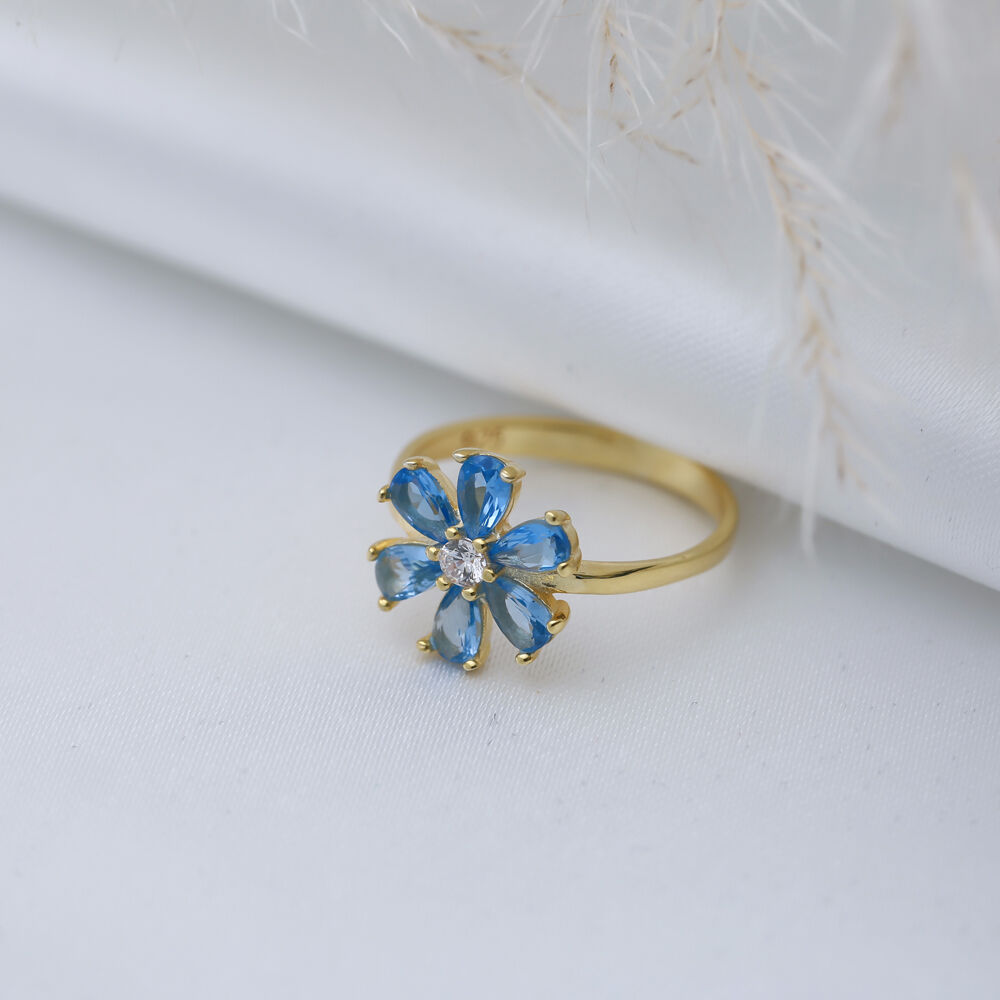 Aquamarine CZ Stone Flower Design Silver Wholesale Cluster Ring