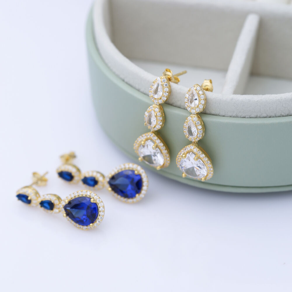 Sapphire CZ Stone Pear Sterling Silver Cluster Stud Earrings