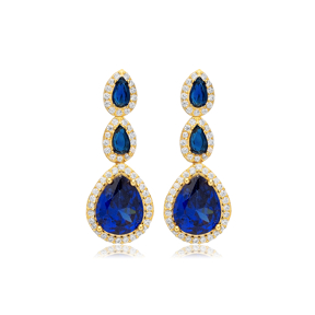 Sapphire CZ Stone Pear Sterling Silver Cluster Stud Earrings