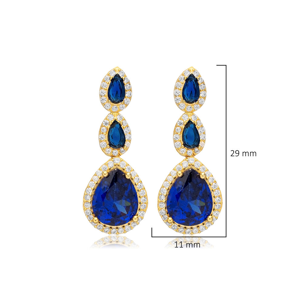 Sapphire CZ Stone Pear Sterling Silver Cluster Stud Earrings