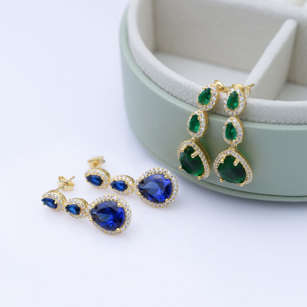 Sapphire CZ Stone Pear Sterling Silver Cluster Stud Earrings