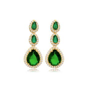 Emerald CZ Stone Pear Sterling Silver Cluster Stud Earrings