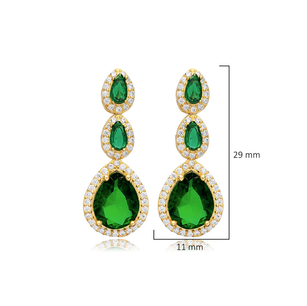 Emerald CZ Stone Pear Sterling Silver Cluster Stud Earrings