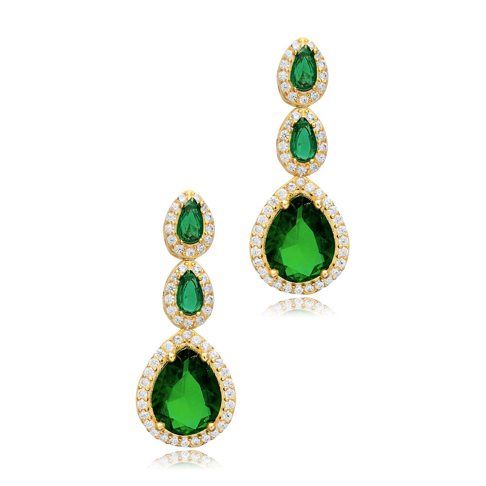 Emerald CZ Stone Pear Sterling Silver Cluster Stud Earrings