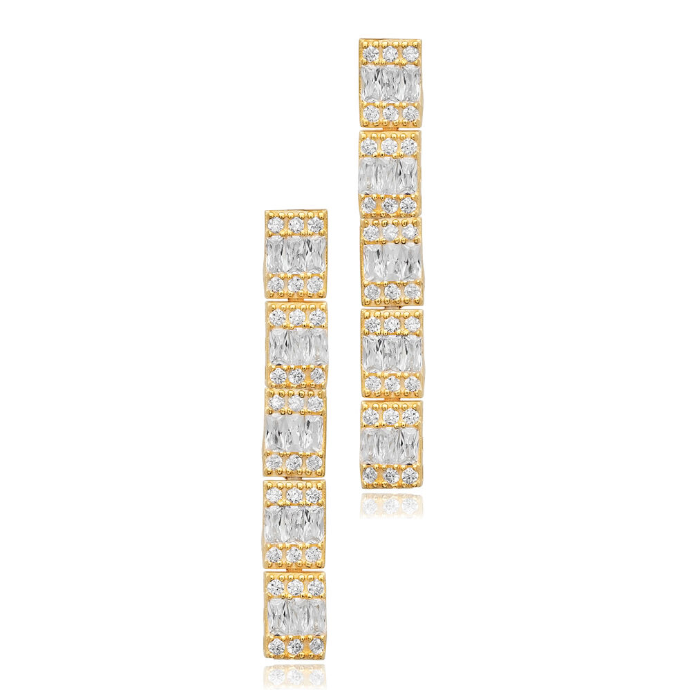 Baguette CZ Stone Silver Long Earrings