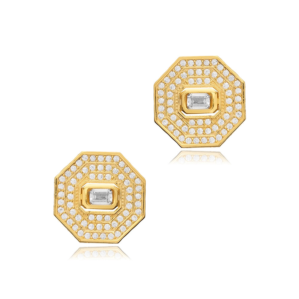 CZ Stone Octagon Geometric Stud Earrings