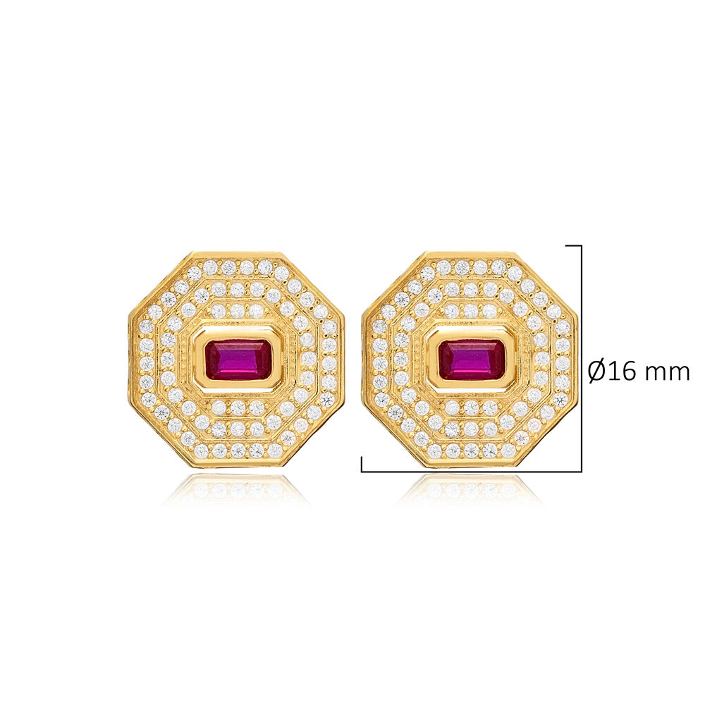 Ruby CZ Octagon Geometric Stud Earrings