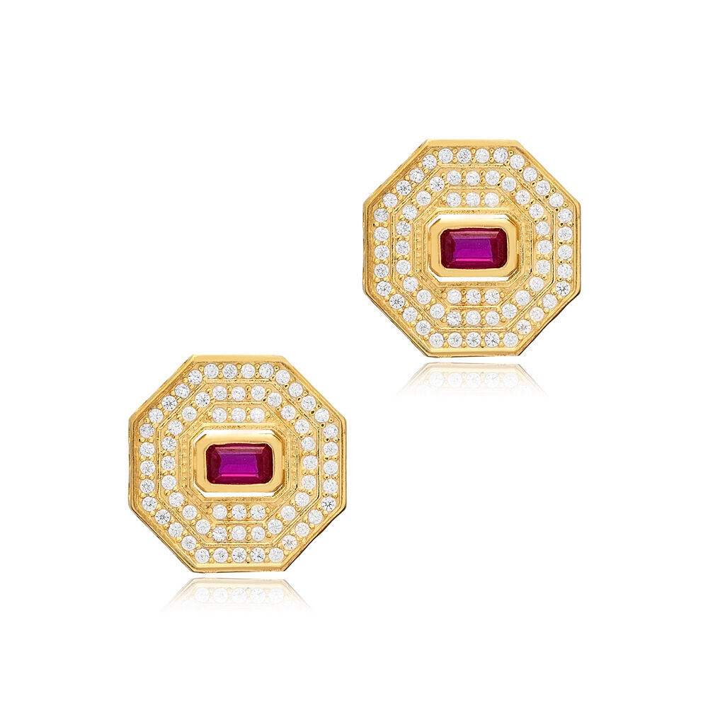 Ruby CZ Stone Octagon Shape Geometric Silver Stud Earrings