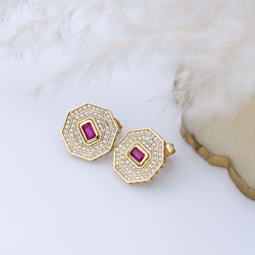 Ruby CZ Stone Octagon Shape Geometric Silver Stud Earrings