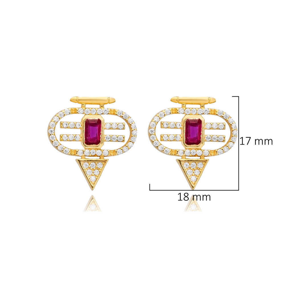 Ruby CZ Stone Geometric Stud Earrings