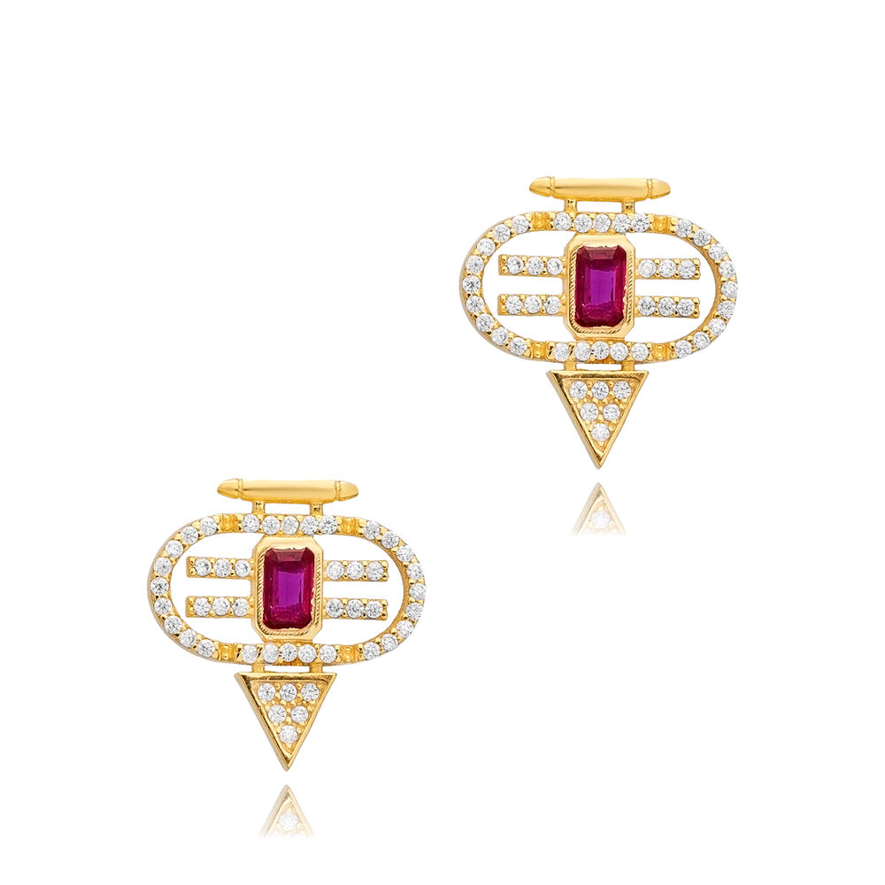 Ruby CZ Stone Geometric Stud Earrings