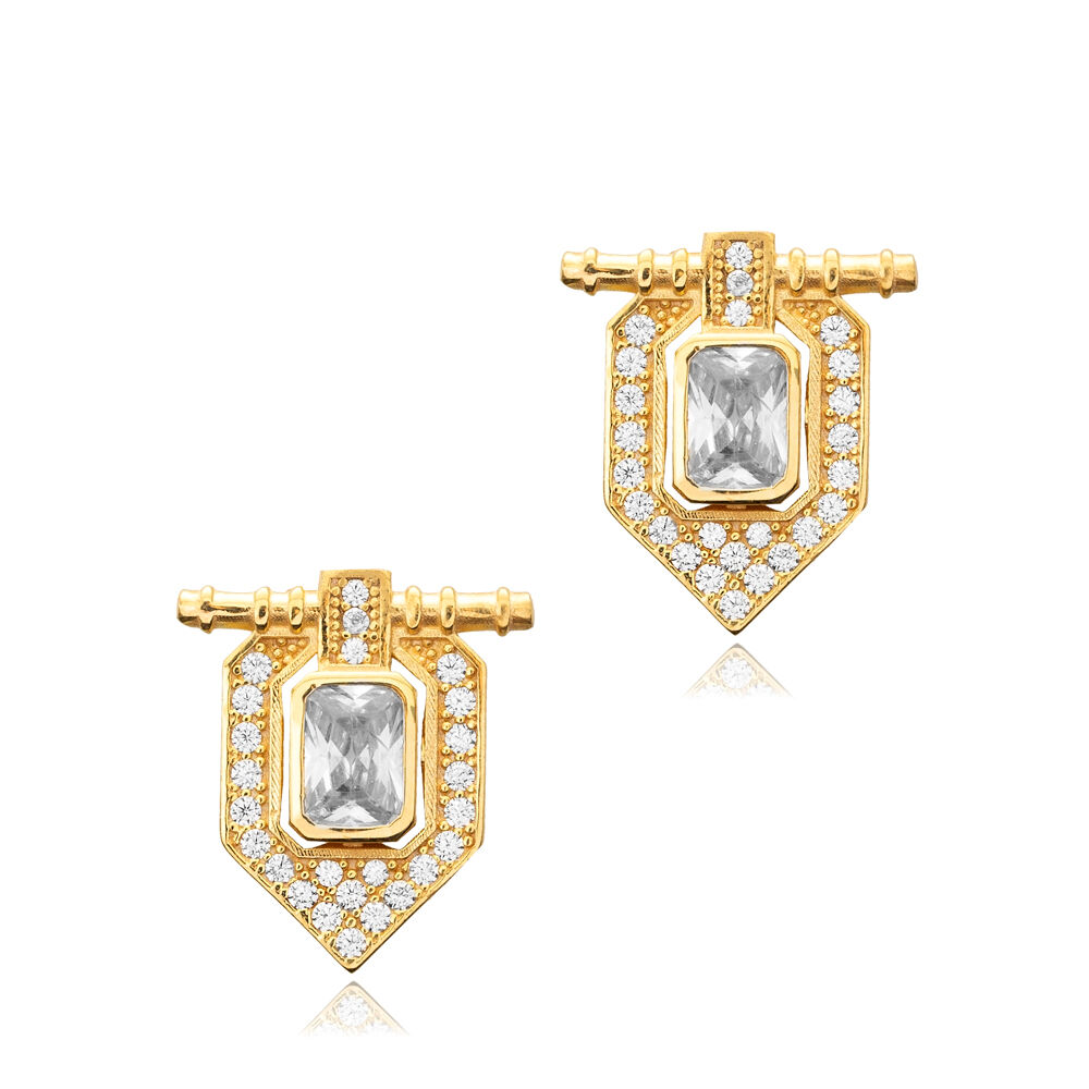 CZ Stone Design Geometric Stud Earrings