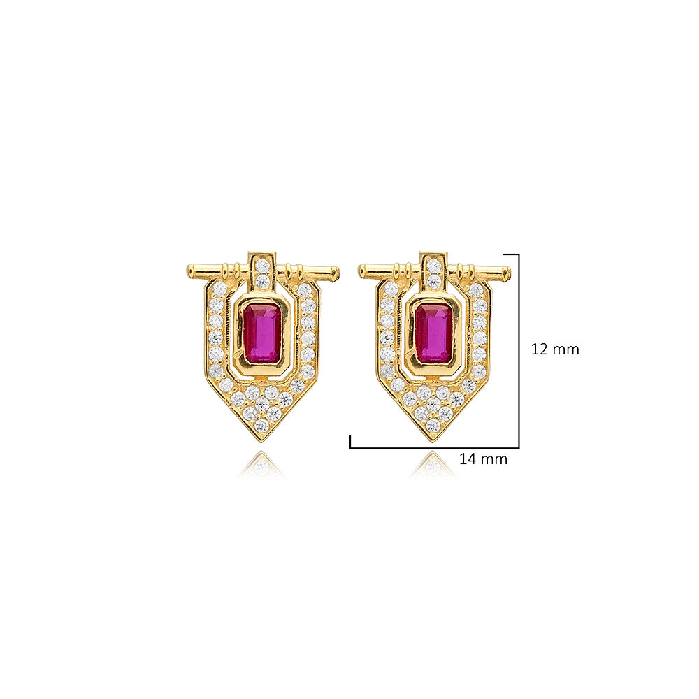 Ruby CZ Stone Popular Design Geometric Sterling Silver Stud Earrings