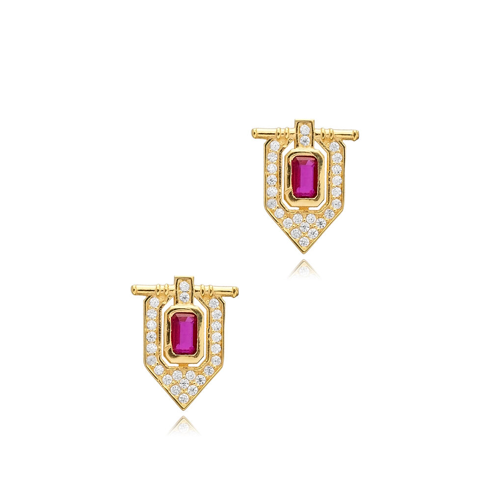 Ruby CZ Stone Popular Design Geometric Sterling Silver Stud Earrings