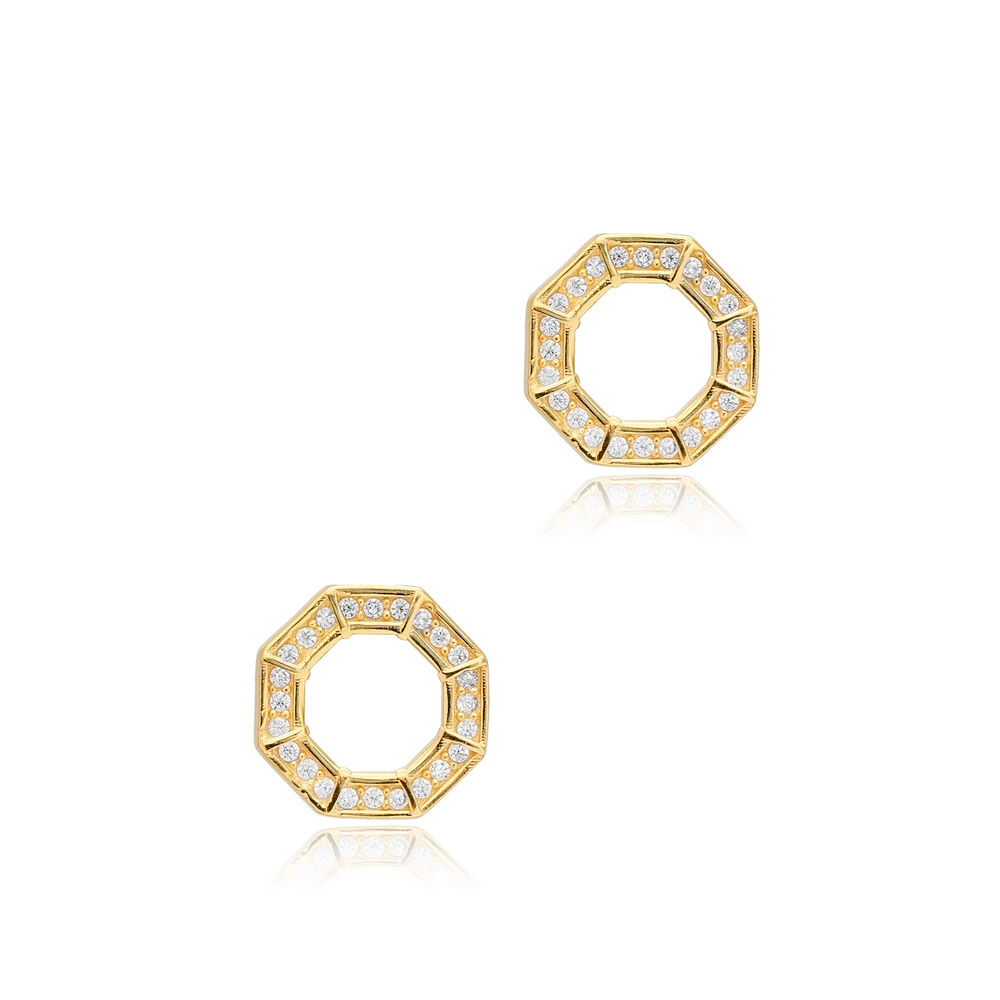 Octagon Shape Geometric Sterling Silver Stud Earrings