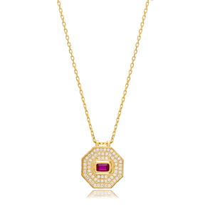 Ruby CZ Octagon Shape Geometric Sterling Silver Charm Necklace