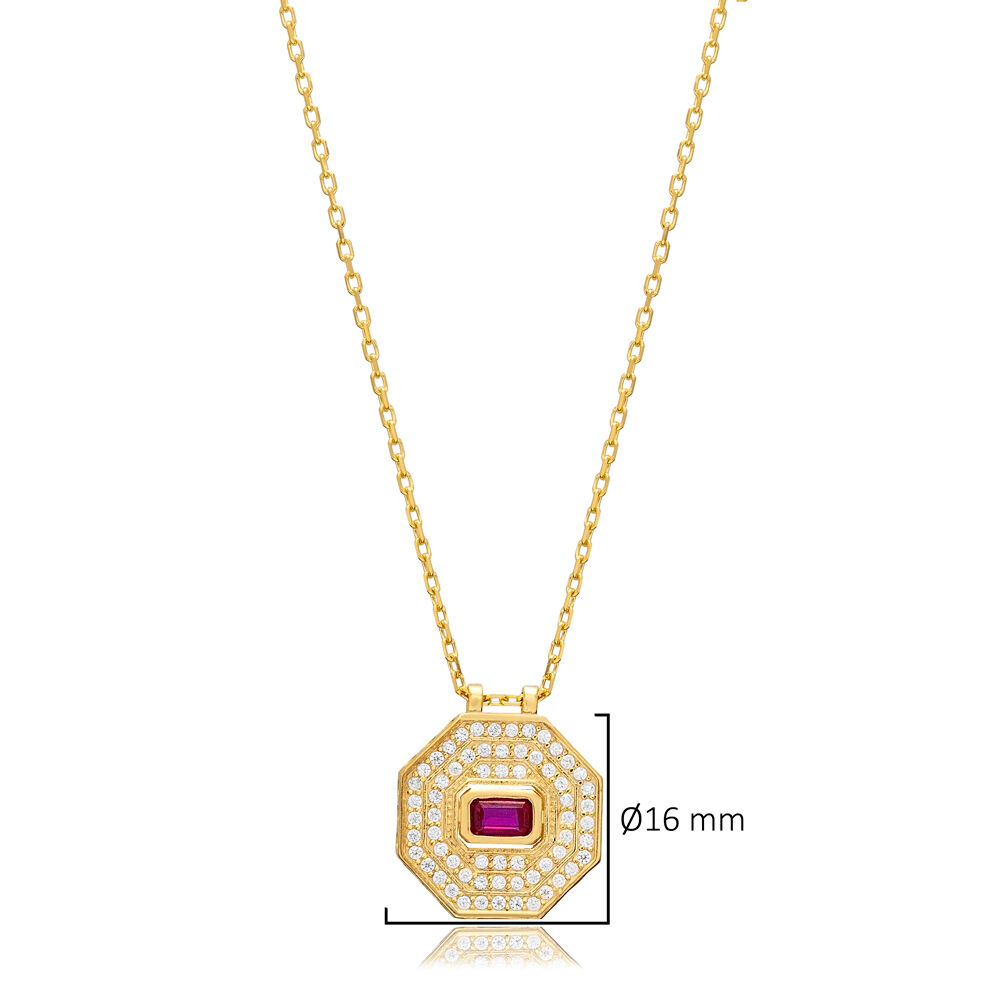 Ruby CZ Octagon Shape Geometric Sterling Silver Charm Necklace