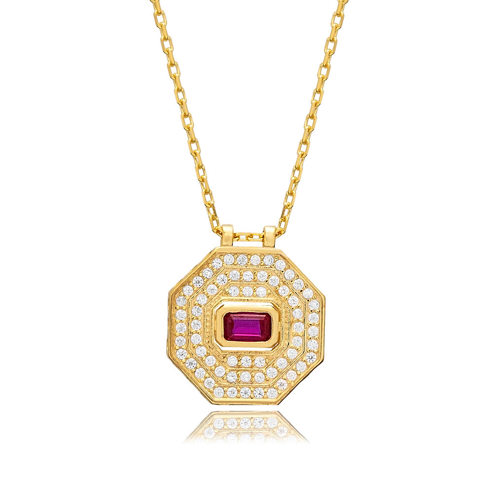 Ruby CZ Octagon Shape Geometric Sterling Silver Charm Necklace