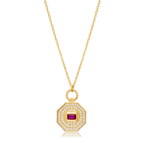 Ruby CZ Octagon Shape Geometric Sterling Silver Charm Necklace