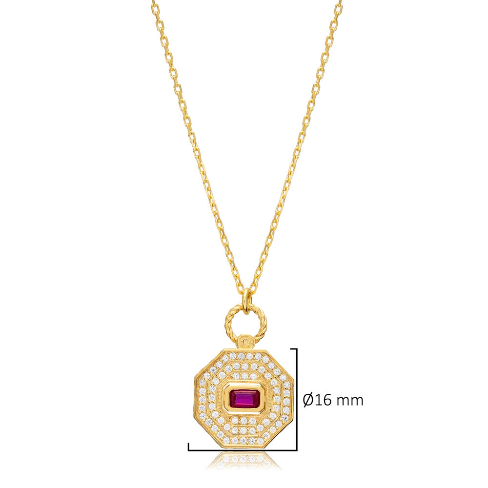 Ruby CZ Octagon Shape Geometric Sterling Silver Charm Necklace