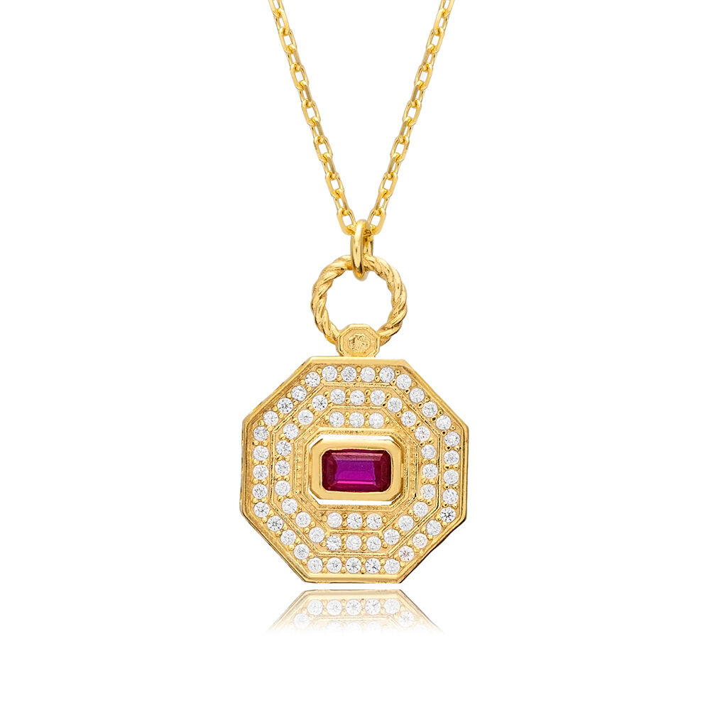 Ruby CZ Octagon Shape Geometric Sterling Silver Charm Necklace